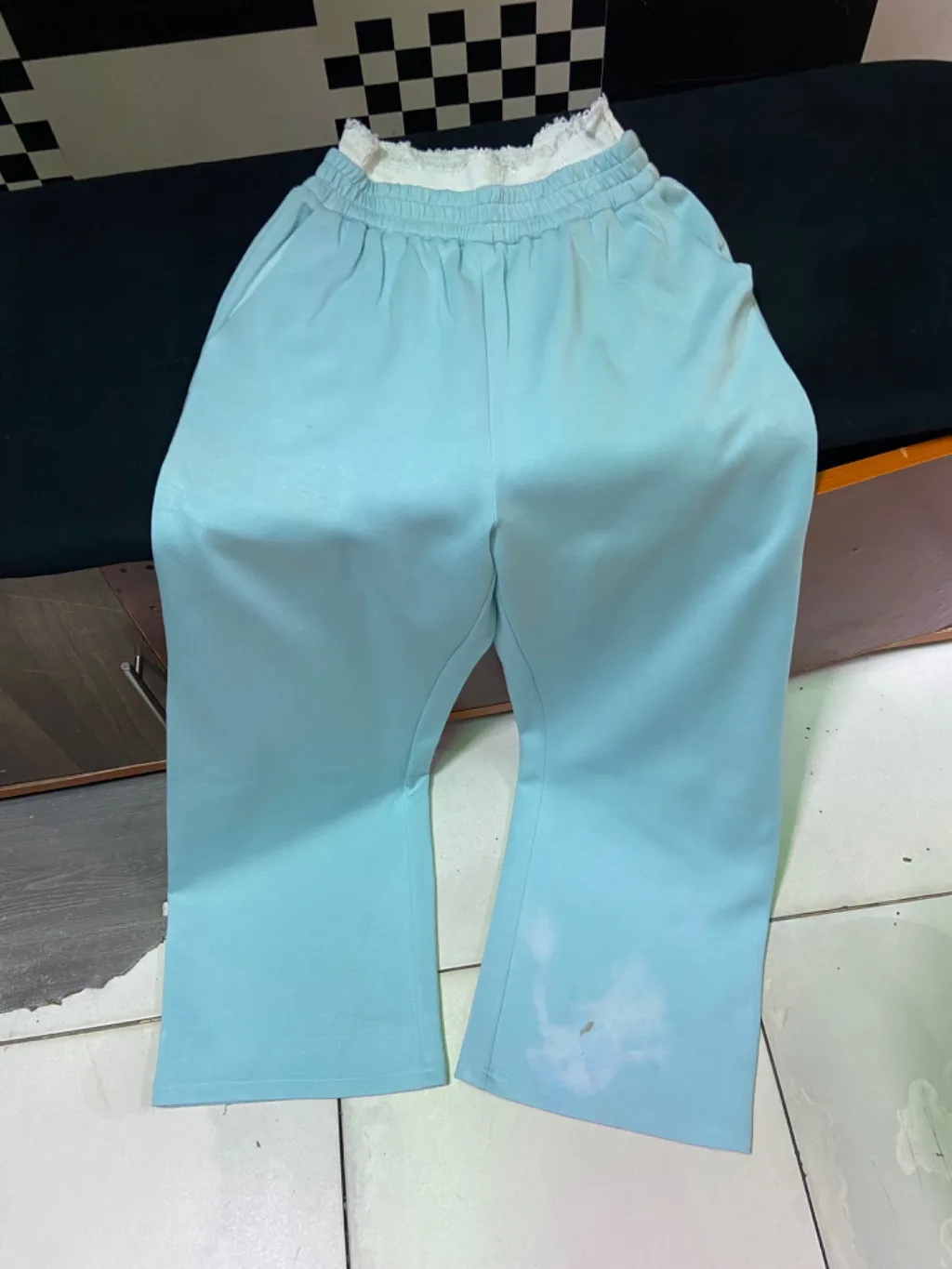 Y2K Flared Sweatpants | Baby Blue | Lace Waistband | Wide Leg