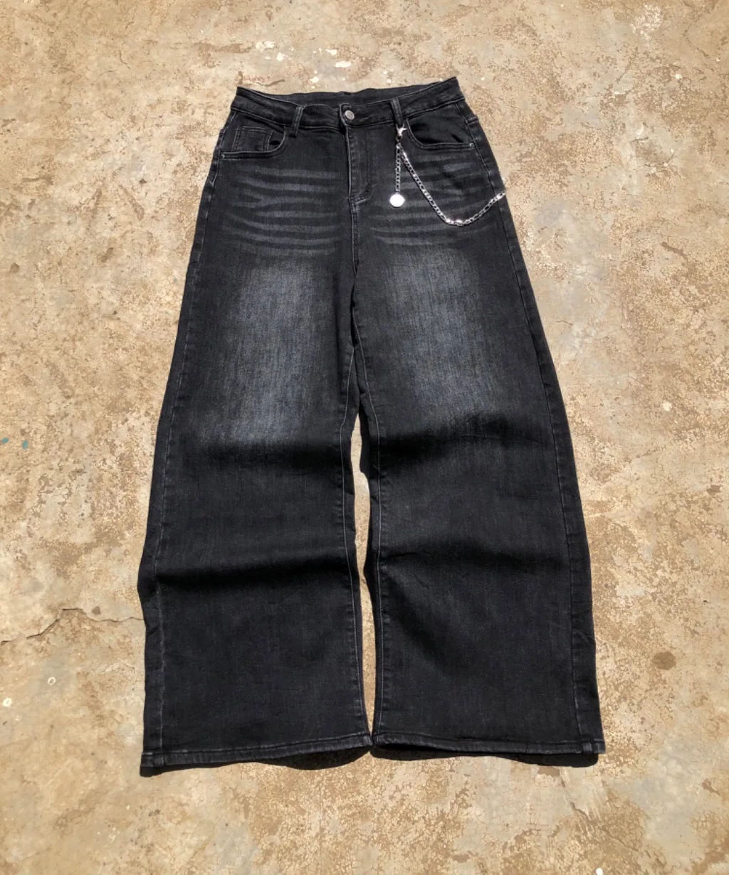Black Washed Wide Leg Jeans - Chain Detail