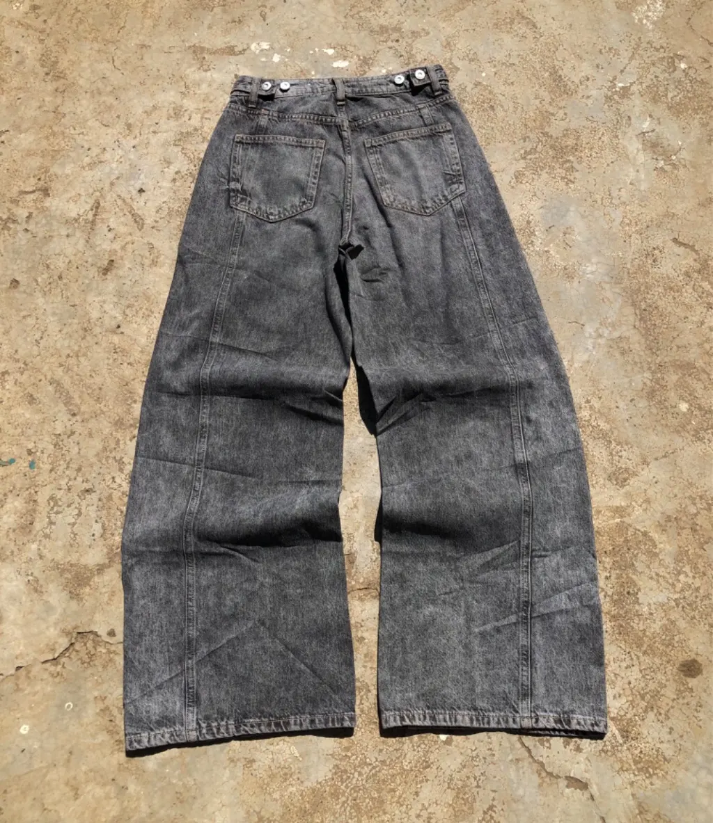 Grey Washed Balloon Jeans -Chain detail wide leg