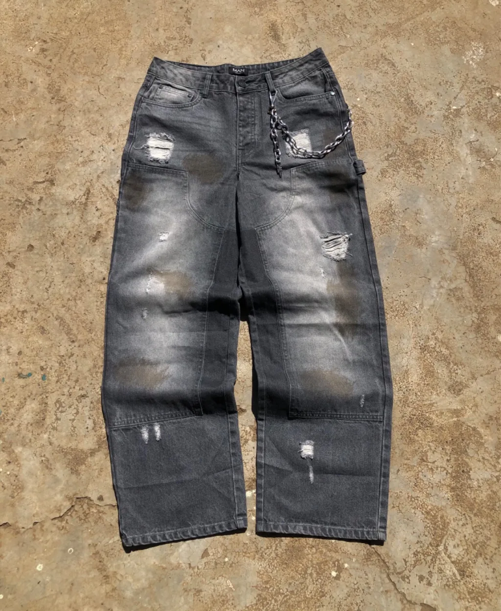 Grey Washed Distressed Carpenter Jeans - Chain Detail Tall