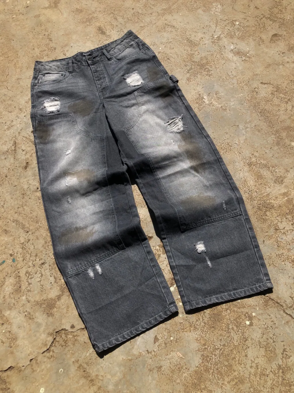 Grey Washed Distressed Carpenter Jeans - Chain Detail Tall