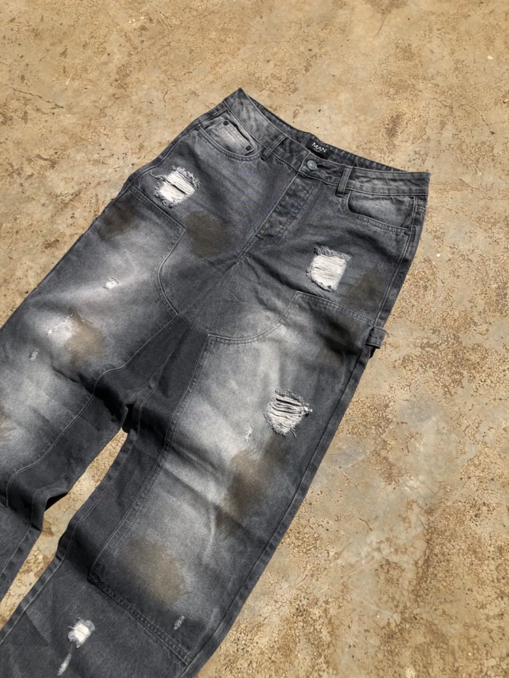 Grey Washed Distressed Carpenter Jeans - Chain Detail Tall