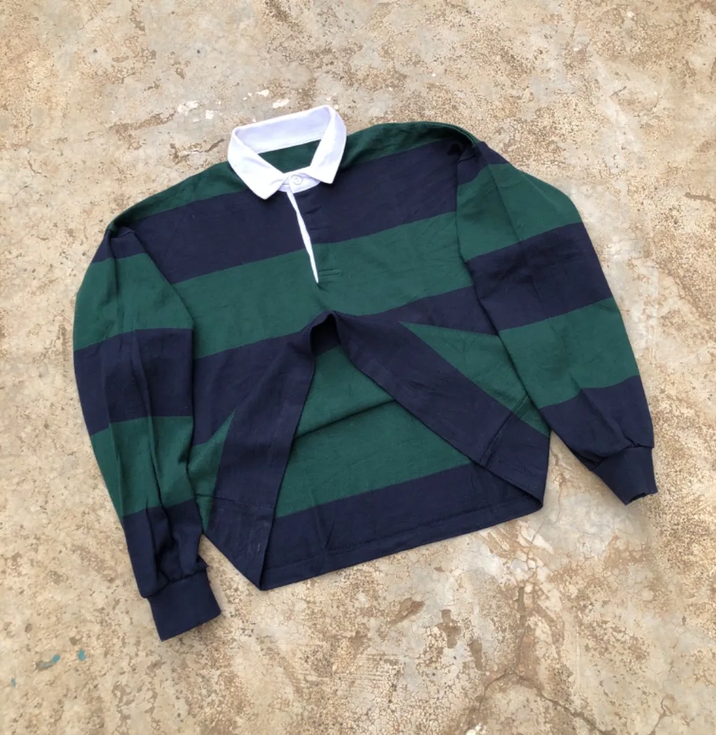 Vintage Crop Rugby Shirt Green Navy Stripes