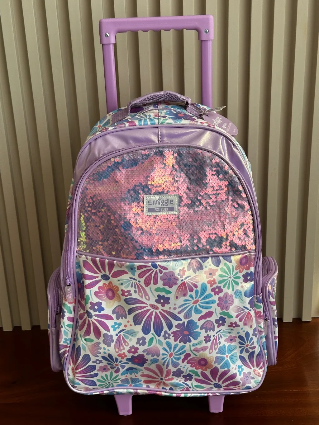 Pastel Floral Reversible Sequin Light-Up Wheel Trolley Bag