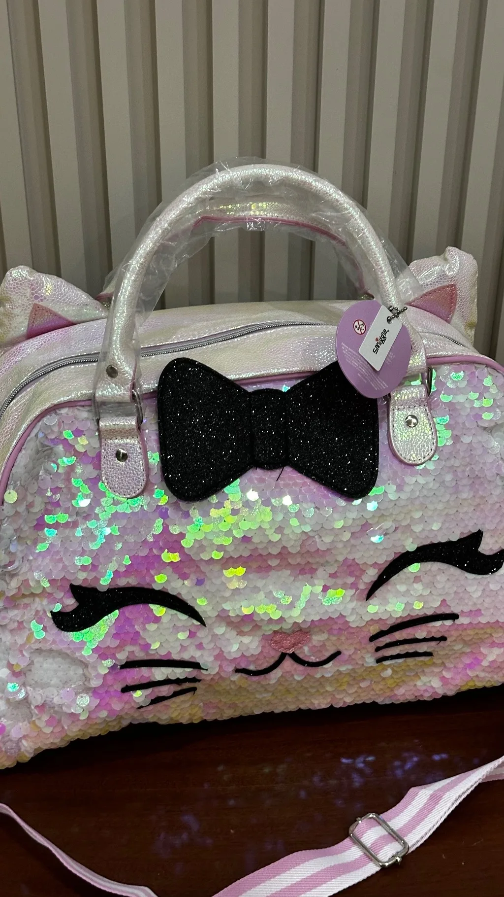 Smiggle Sequin Cat Weekender Travel Bag – Pink & White | Approx. 42cm x 28cm x 18cm