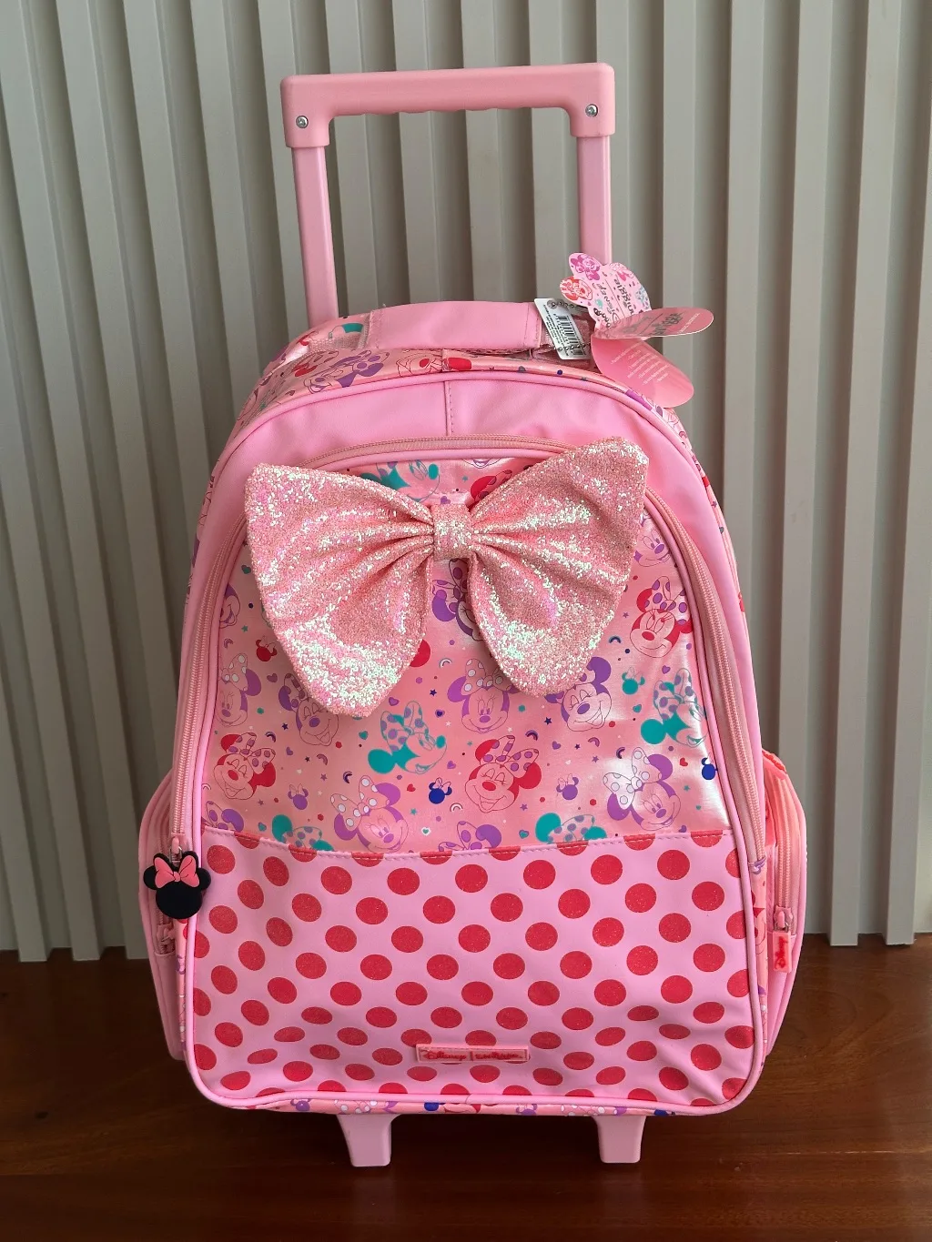 Disney Minnie Mouse Pink Glitter Bow Light-Up Wheel Trolley Bag