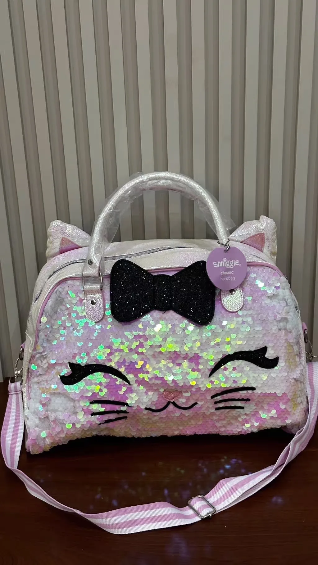 Sawikids Smiggle Sequin Cat Weekender Travel Bag – Pink & White | Approx. 42cm x 28cm x 18cm