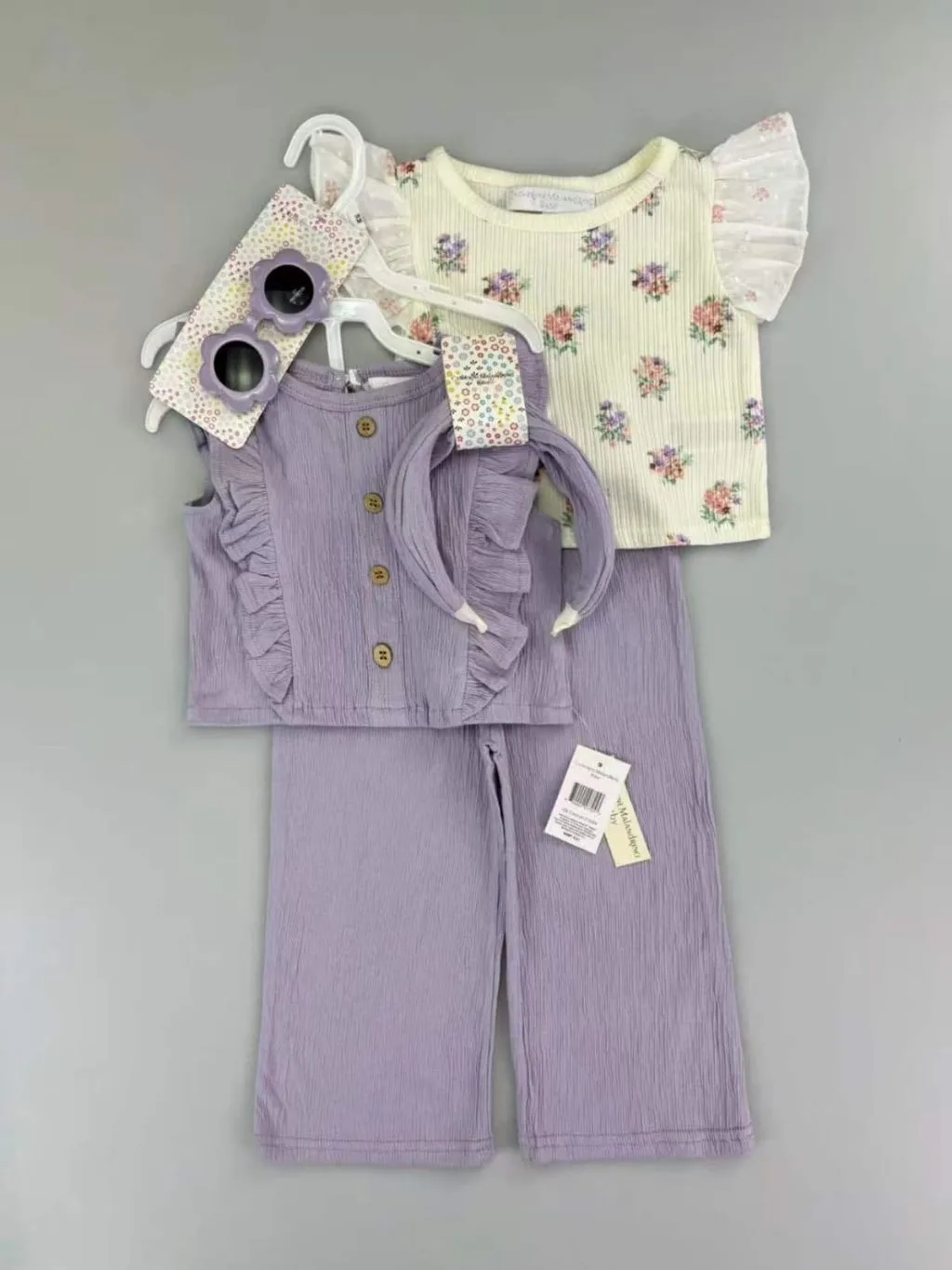 Baby Girls' Floral & Ruffled Top, Wide-Leg Pants, Headband & Sunglasses Set