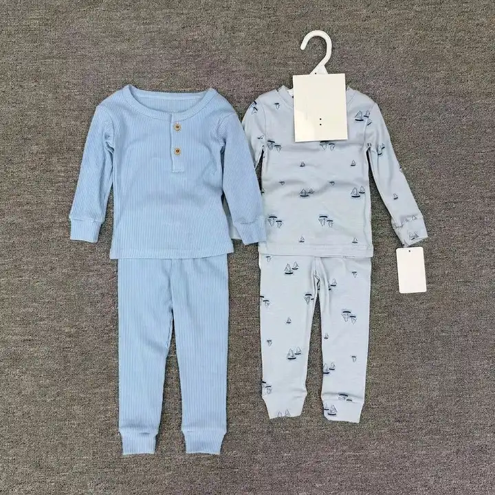 Light Blue Sailboat-Themed Ribbed Henley Pajama Set