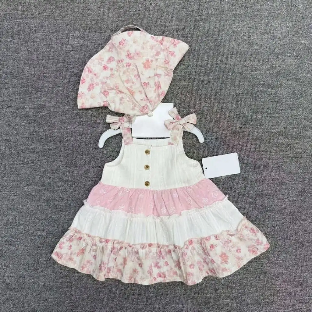 2-Piece Pink Floral Tiered Sundress & Matching Bonnet Set