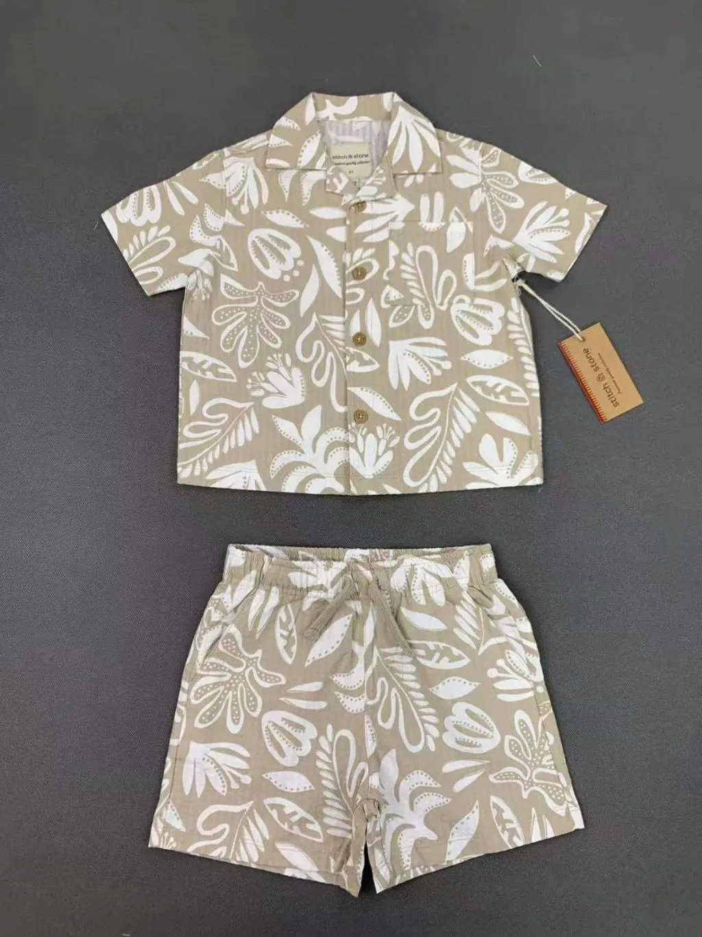 Boys' Leaf Print Short-Sleeve Button-Down & Shorts 2-Piece Set
