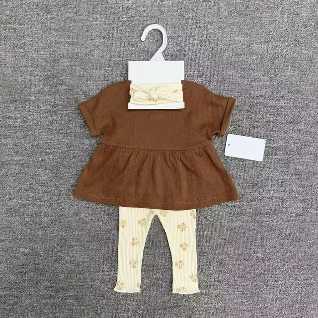 3-Piece Chocolate Brown Tunic, Floral Ribbed Leggings & Headband Set