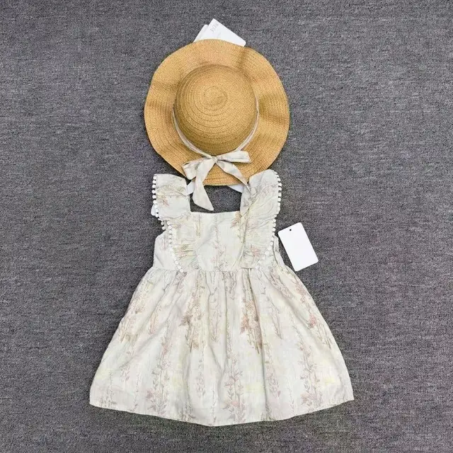 2-Piece Vintage Floral Sundress & Straw Sun Hat Set