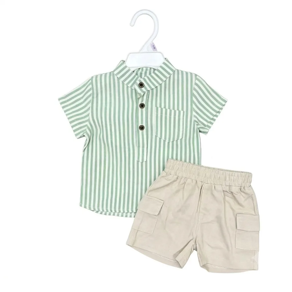 Baby Boy Striped Band Collar Shirt & Cargo Shorts Set – Warm Neutral Two-Piece Outfit