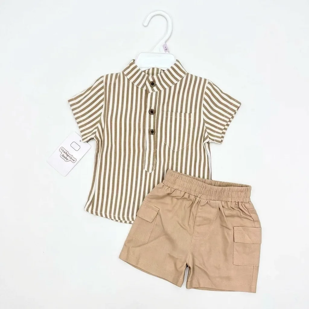 Baby Boy Striped Band Collar Shirt & Cargo Shorts Set – Warm Neutral Two-Piece Outfit