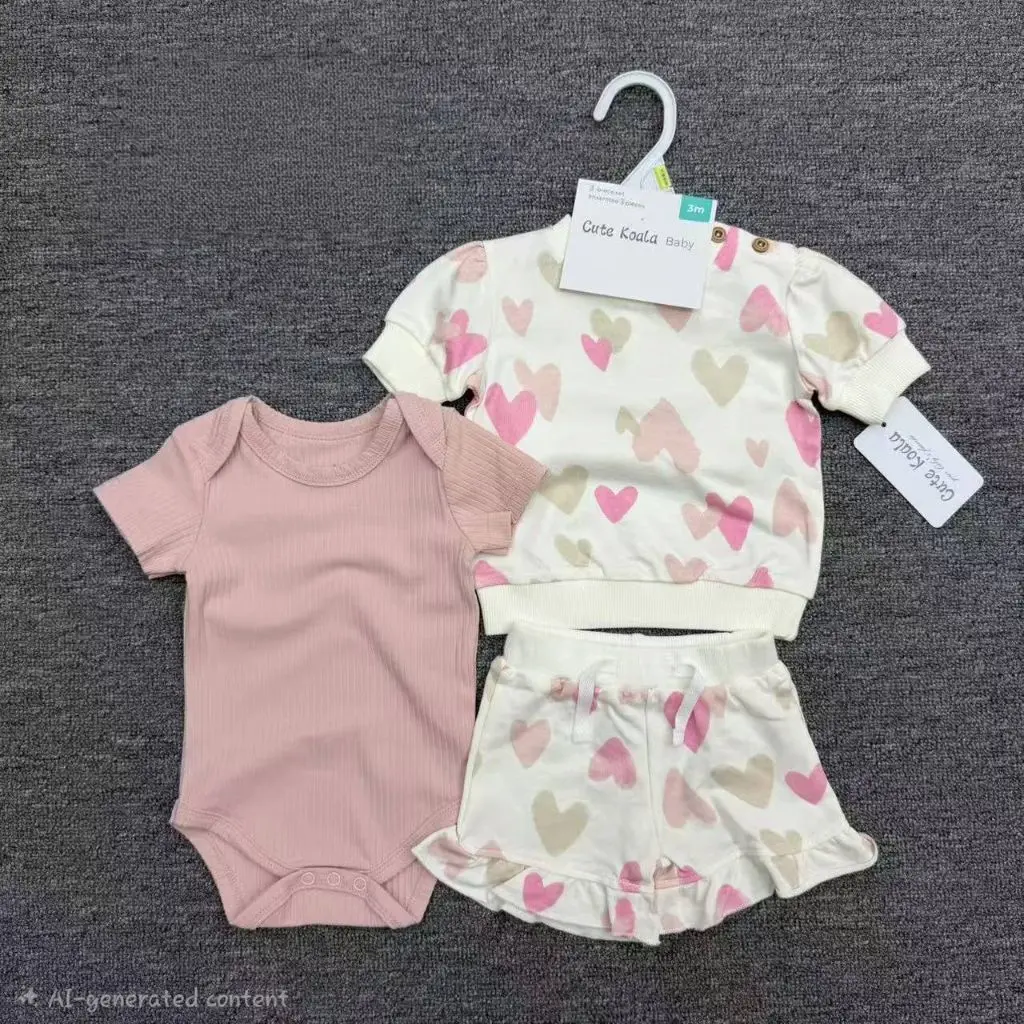 Infants Heart Print Top and Ruffled Shorts Set with Coordinated Bodysuit