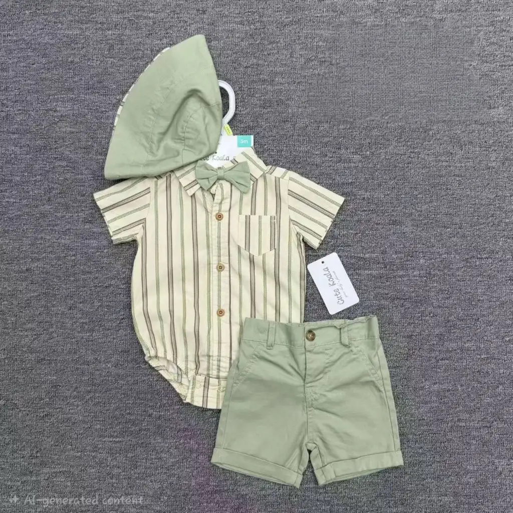Infants Striped Bodysuit and Shorts Set with Bow Tie & Sun Hat
