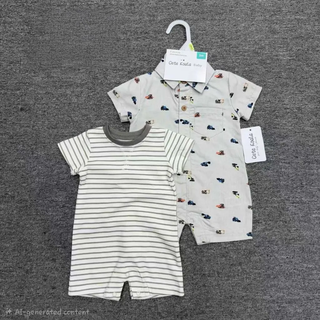 Baby Boy 2-Piece Romper Set – Short-Sleeve Striped Romper and Construction Print Button-Up Romper