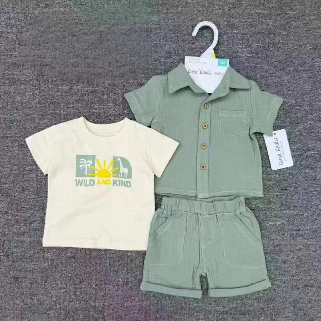 3-Piece Summer Mix-and-Match Set – Cotton Gauze Button-Up Shirt, Graphic T-Shirt, and Shorts