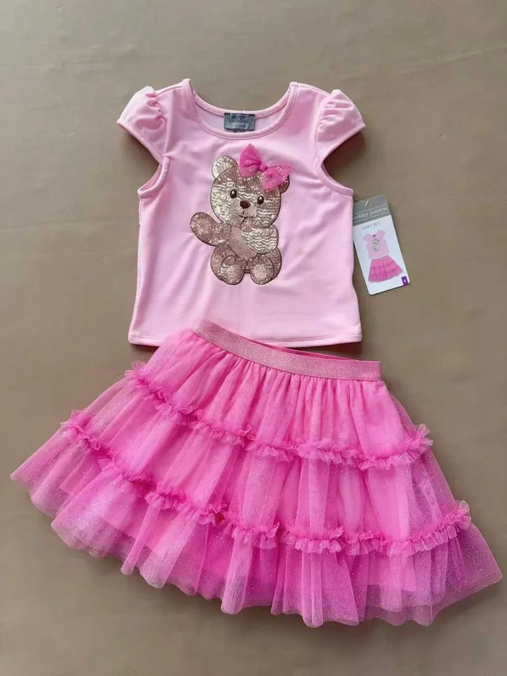 2-Piece Pink Sequin Bear Top and Glitter Tulle Skirt Set