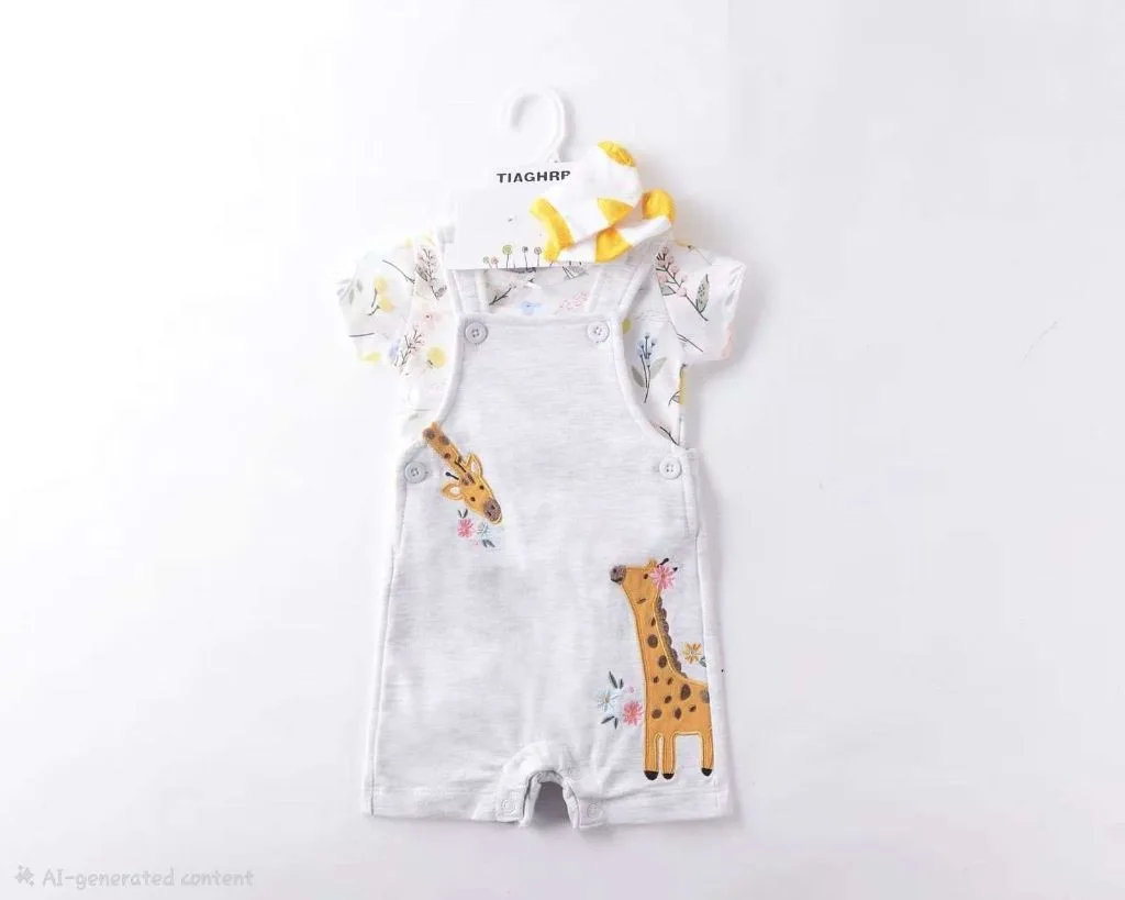 3-Piece Giraffe Shortall Romper, Floral T-Shirt, and Socks Set