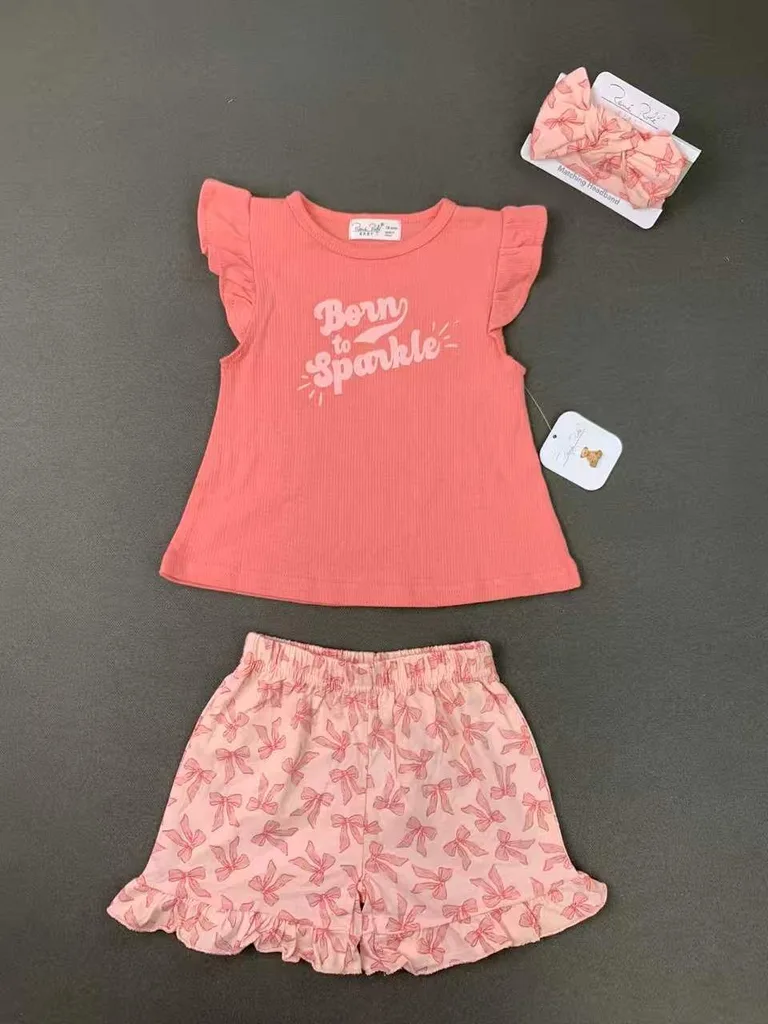 3-Piece "Born to Sparkle" Flutter Sleeve Top, Bow Print Shorts, and Headband Set