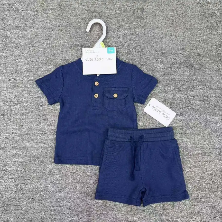 Baby Boy Classic Waffle Knit Henley Shirt and Shorts 2-Piece Set