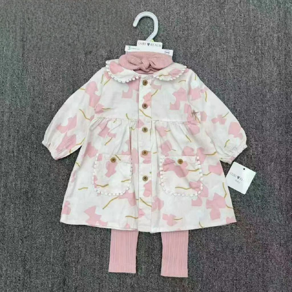 Sweet Floral Long-Sleeve Baby Dress & Ribbed Leggings Set with Matching Headband
