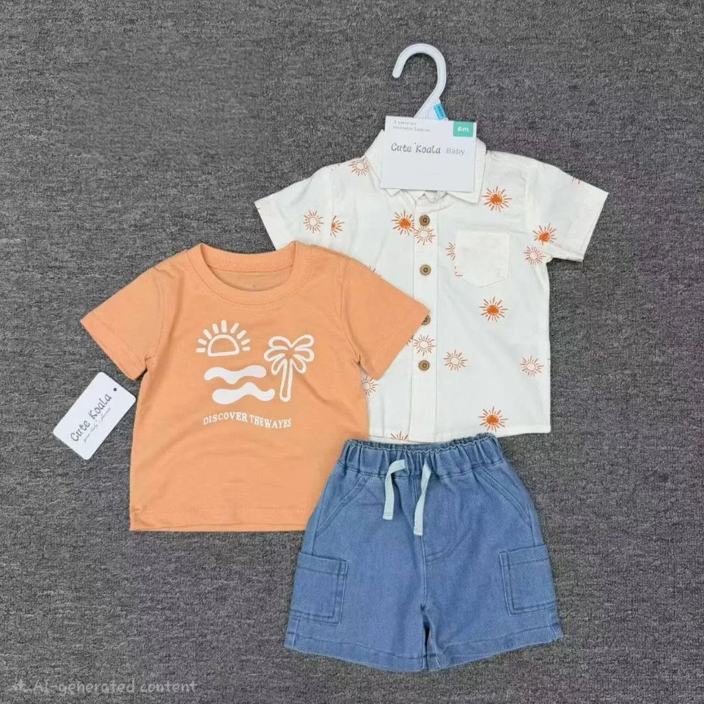 Baby Boy 3-Piece Summer Sunshine Outfit Set – Button-Down Shirt, Graphic Tee, and Denim-Look Cargo Shorts