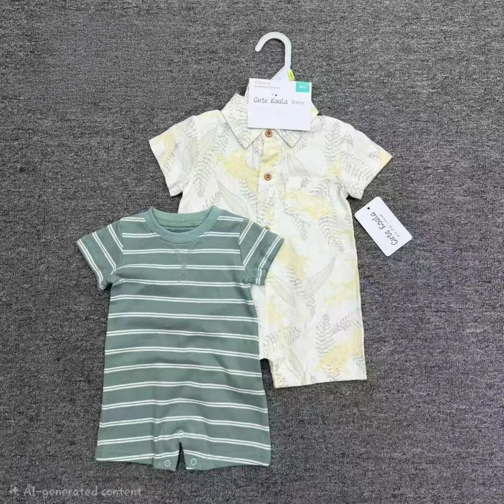 Baby Boy 2-Piece Romper Set – Short-Sleeve Striped Romper and Construction Print Button-Up Romper