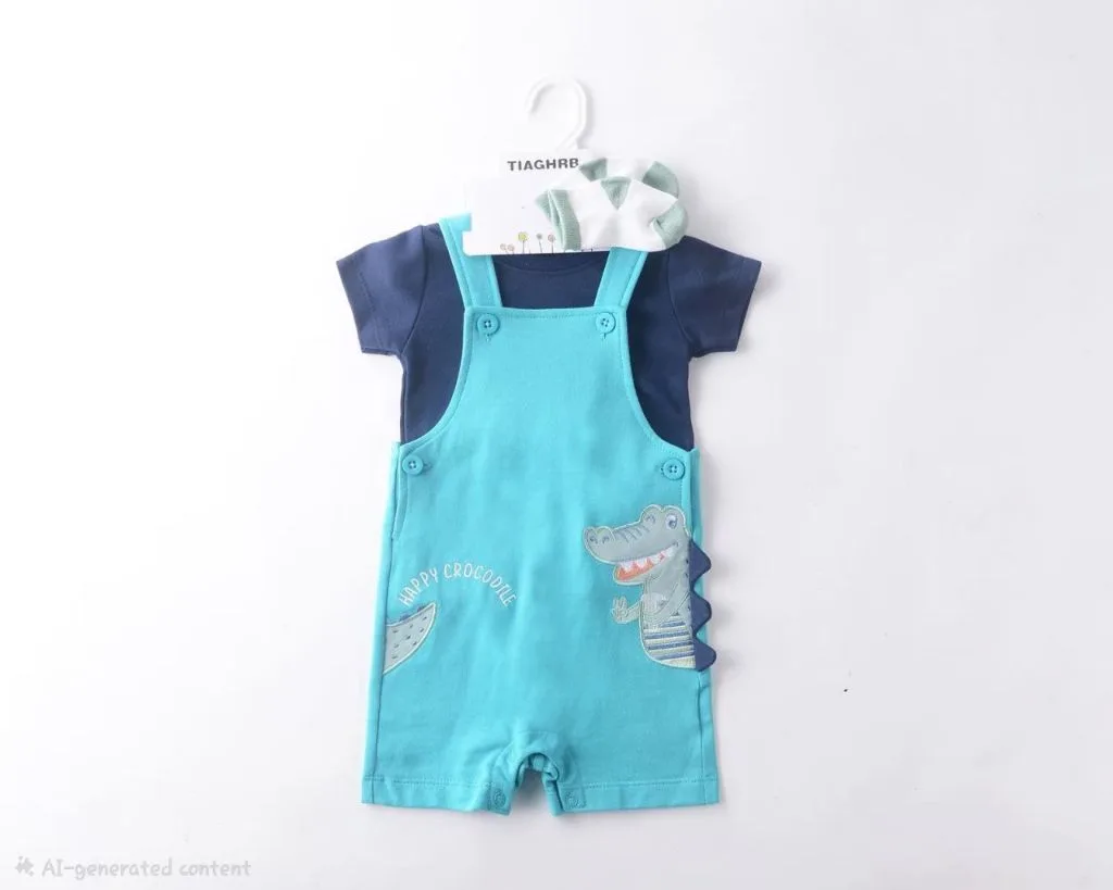 3-Piece Crocodile Shortall Romper, Floral T-Shirt, and Socks Set