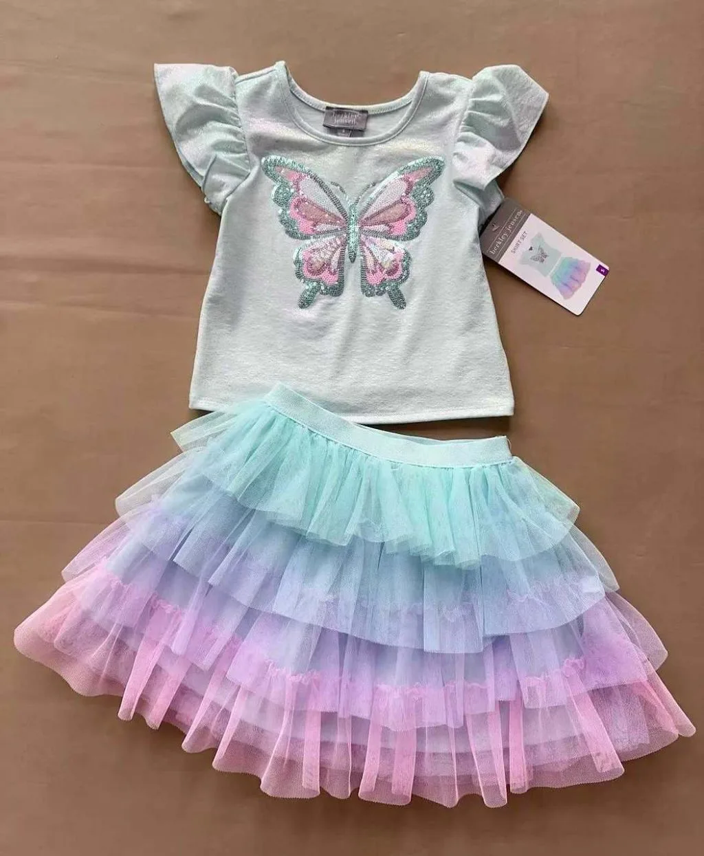 Toddler & Girls 2-Piece Outfit Set – Shimmering Butterfly Graphic Tee and Layered Rainbow Pastel Tulle Skirt