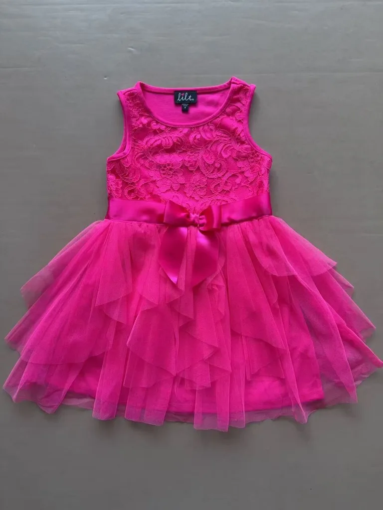 Girls Vibrant Fuchsia Pink Lace Bodice Party Dress with Tiered Tulle Skirt and Satin Bow