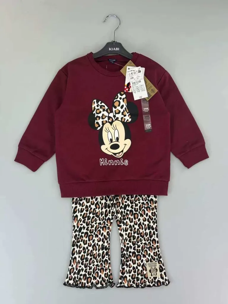 Minnie Mouse Burgundy Crewneck & Leopard Print Flared Pants Set