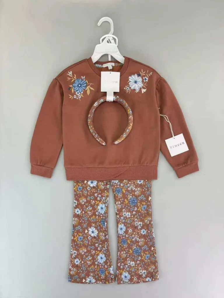 3-Piece Floral Embroidered Sweatshirt, Flared Pants & Headband Set