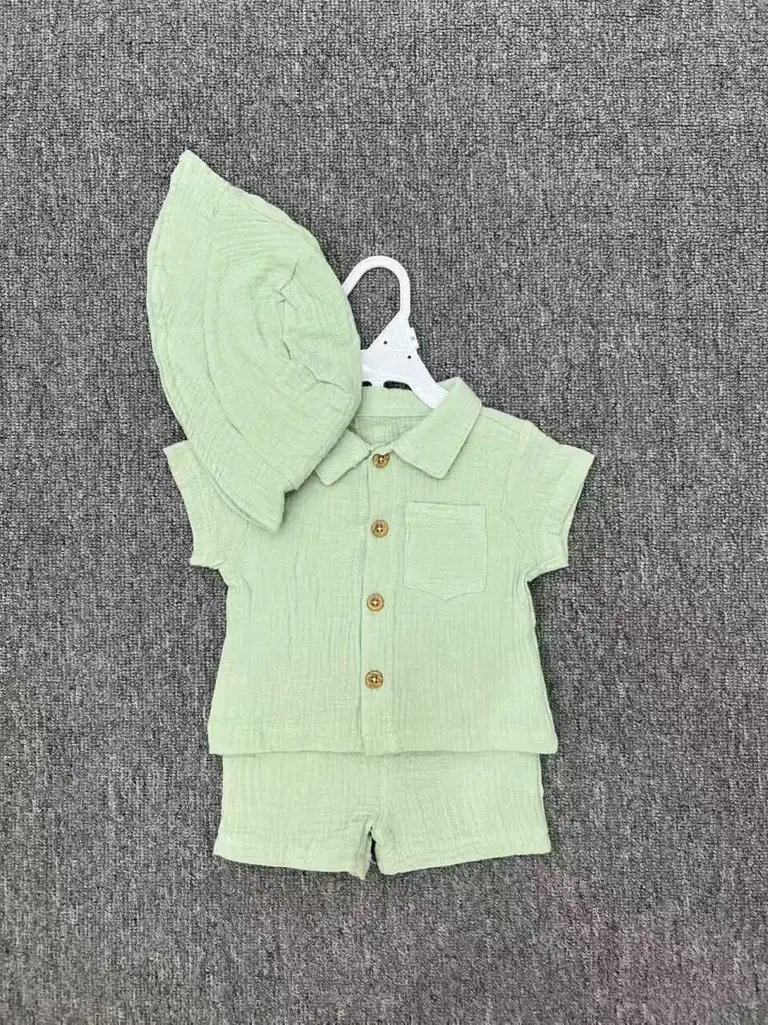 3-Piece Cotton Muslin Summer Outfit Set with Matching Bucket Hat