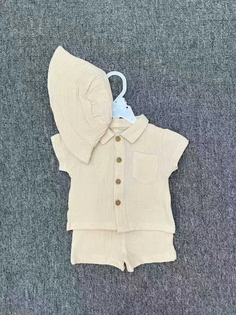 3-Piece Cotton Muslin Summer Outfit Set with Matching Bucket Hat