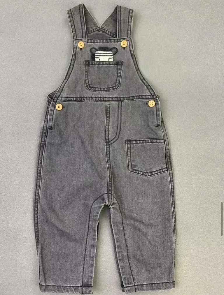 Washed Gray Denim Overalls with Cute Pocket Detail