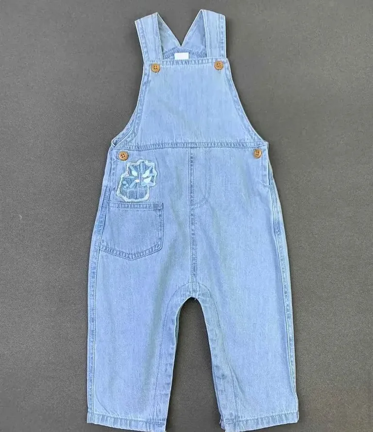 Wash Denim Overalls with Embroidered Triceratops Dinosaur Patch