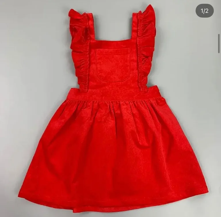 Vibrant Red Corduroy Pinafore Overall Skirt Dress with Ruffle Shoulder Straps
