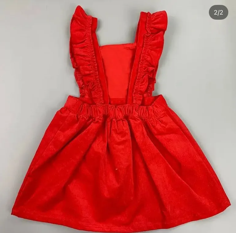 Vibrant Red Corduroy Pinafore Overall Skirt Dress with Ruffle Shoulder Straps