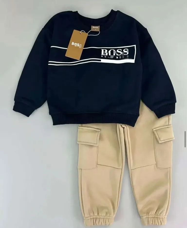 Two-Piece Active Set – Navy Crewneck Sweatshirt & Khaki Cargo Jogger Pants