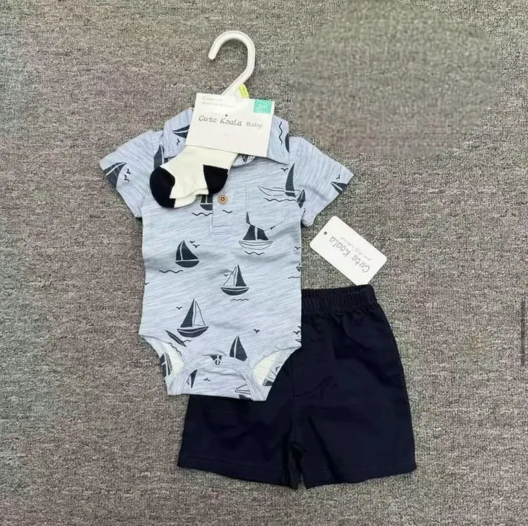 Nautical Sailboat Polo Bodysuit, Shorts & Socks 3-Piece Set
