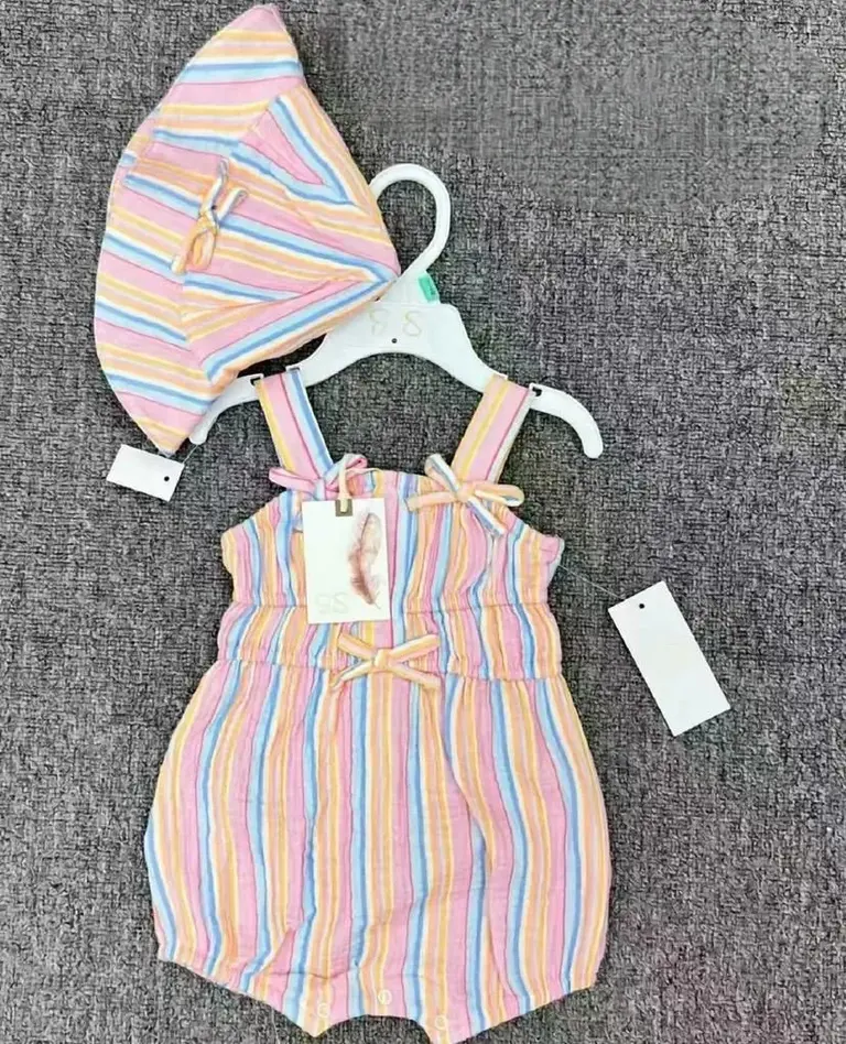 Baby Girls Striped Romper & Matching Sun Hat Set