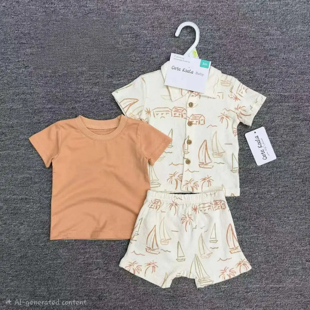 3-piece Unisex Kids Summer Coordinating Set – Earth Tone Shirt & Shorts