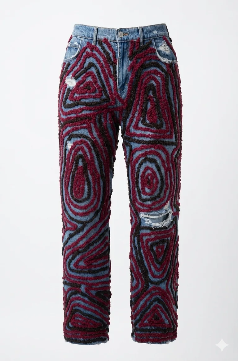 Distressed Artwork Jeans(Maroon and Brown)