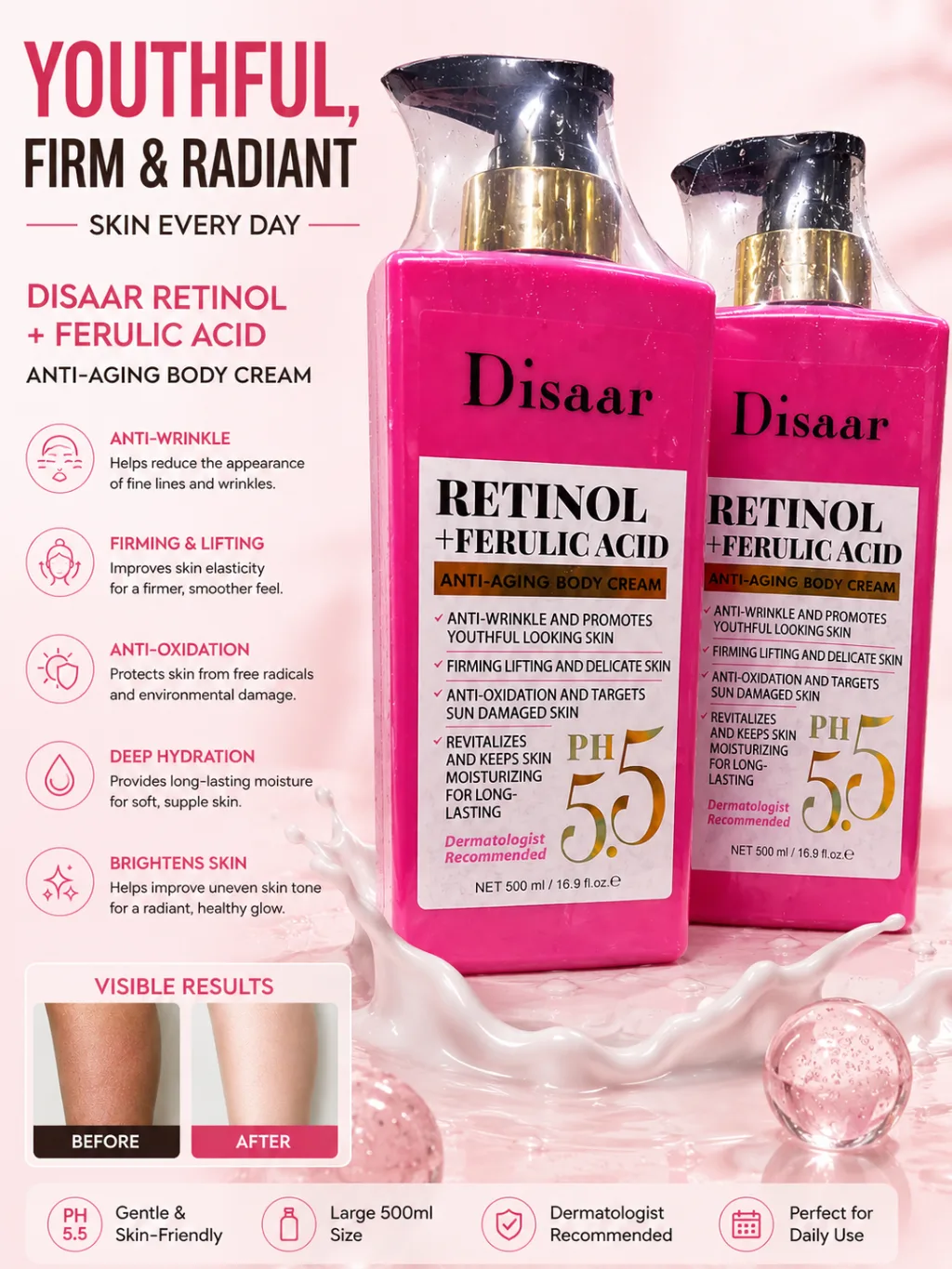 Disaar Retinol + Ferulic Acid Anti-Aging Body Cream (500ml)