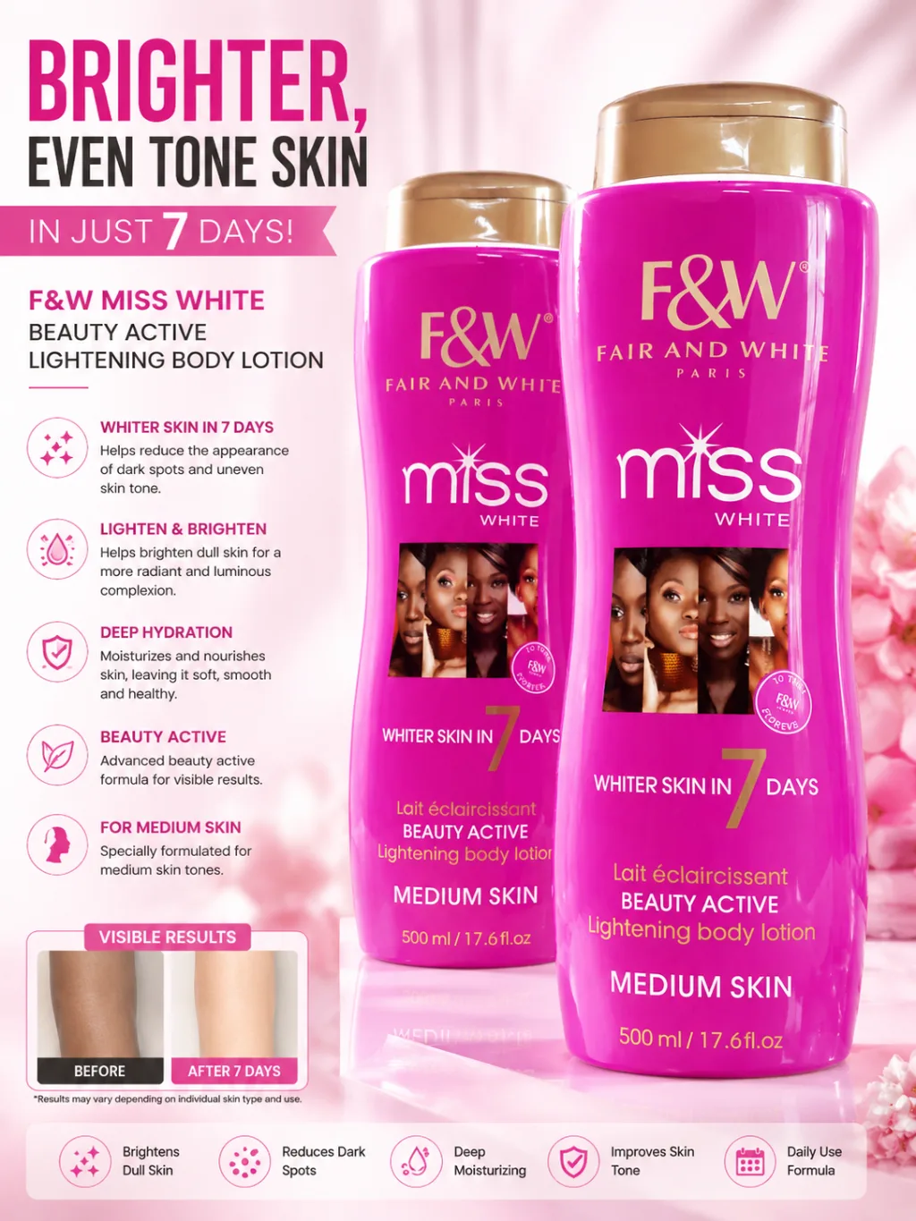 F&W Miss White Beauty Active Lightening Body Lotion – Medium Skin (500ml)