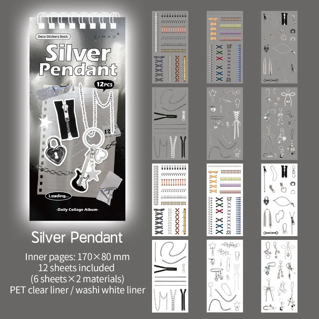 12 Shts Daily Collage Sticker Book Album Series - Silver Pendant