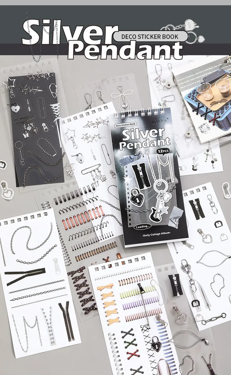 12 Shts Daily Collage Sticker Book Album Series - Silver Pendant